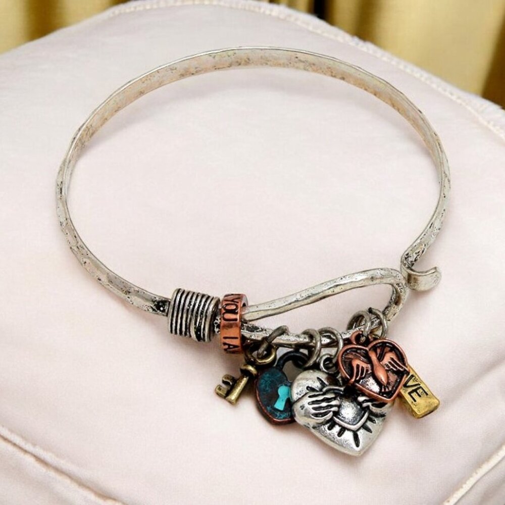 Multi-Color "Love" Claddagh & Heart Key Charm Hook Bracelet